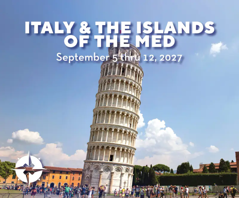 The Leaning Tower of Pisa rises above visitors in OUTbound's Italy and Islands of the Mediterranean artwork.
