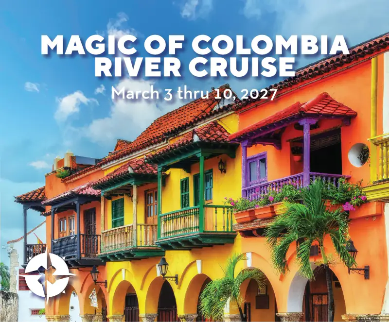 Colorful colonial buildings and palm trees line a Colombian street in OUTbound's Magic of Colombia artwork.