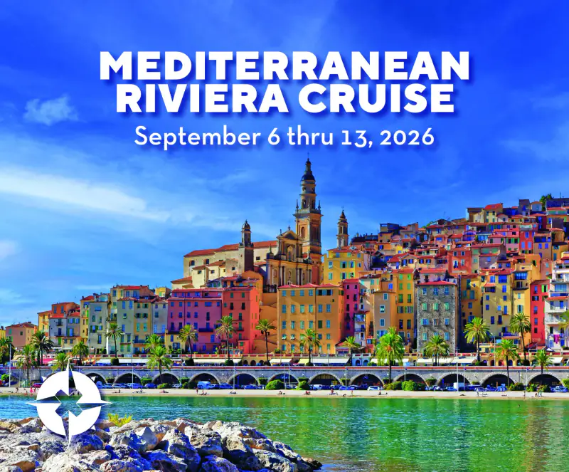 A colorful Italian Riviera waterfront sits beside clear blue water in OUTbound's Mediterranean Riviera Cruise artwork.