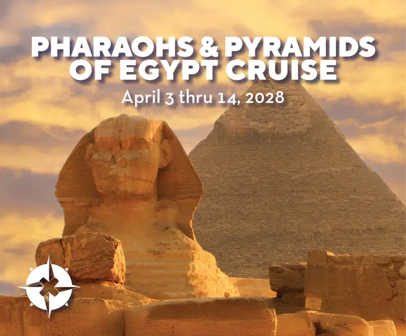 The Great Sphinx stands before pyramids in OUTbound's Pharaohs and Pyramids of Egypt Cruise artwork.