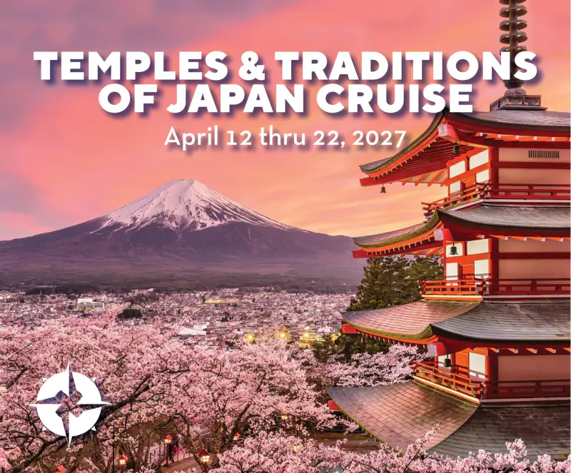 Mount Fuji rises behind a red pagoda and cherry blossoms in OUTbound's Japan cruise artwork.