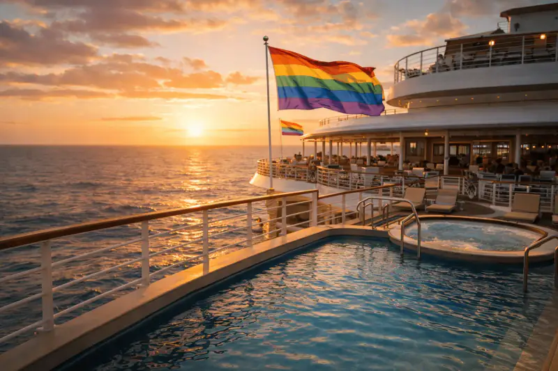A rainbow flag flies above a ship's deck at sunset.