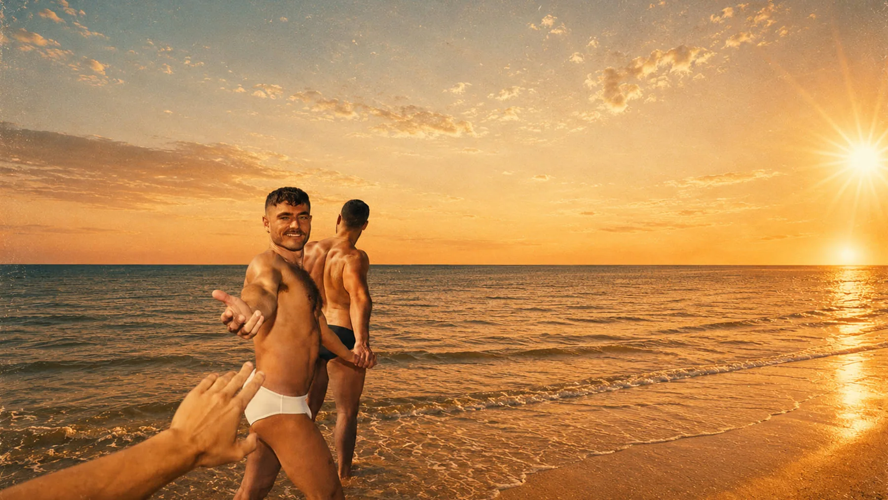 Two men in swim briefs stand at the shoreline beneath a golden sunset.