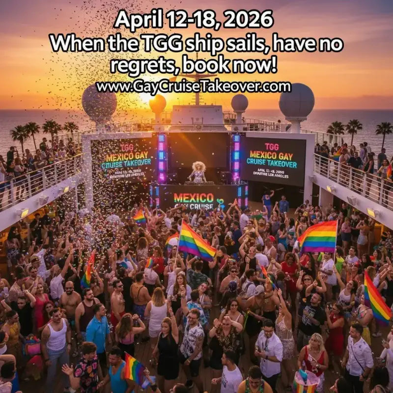 A crowded cruise-ship event glows beneath colorful lights in a TGG cruise graphic.