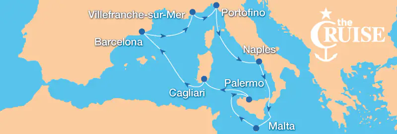 A map traces a western Mediterranean cruise route across the sea.