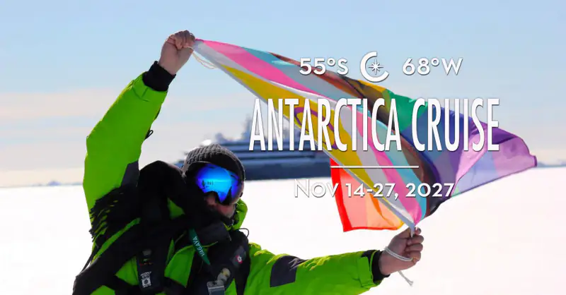 An expedition traveler in cold-weather gear appears beside Antarctica Cruise artwork.