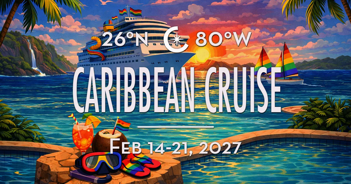 A colorful Caribbean cruise graphic overlays a beach and tropical coastline.