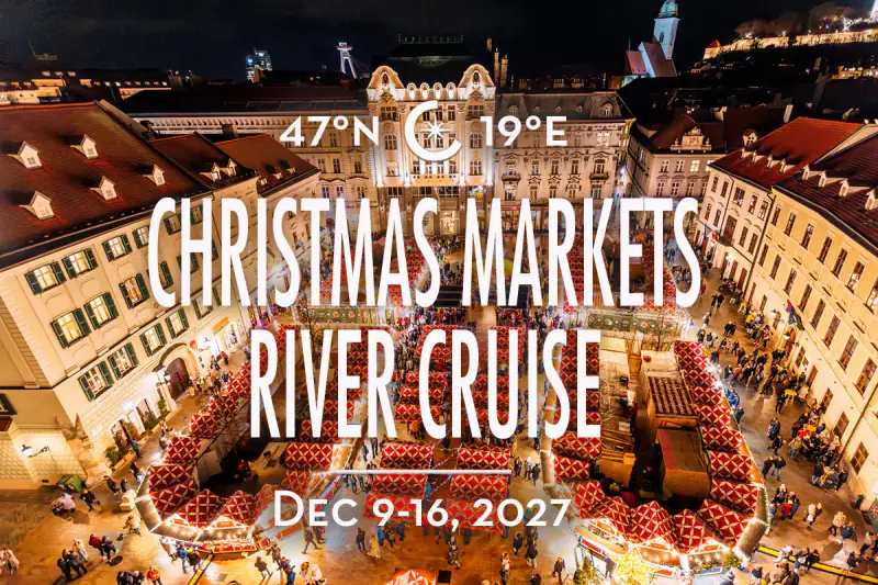 A Christmas markets river cruise graphic shows festive European market scenes.