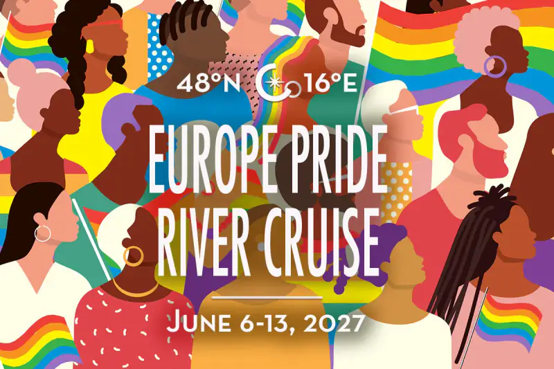 A colorful illustrated map and Pride figures represent a Europe Pride river cruise.