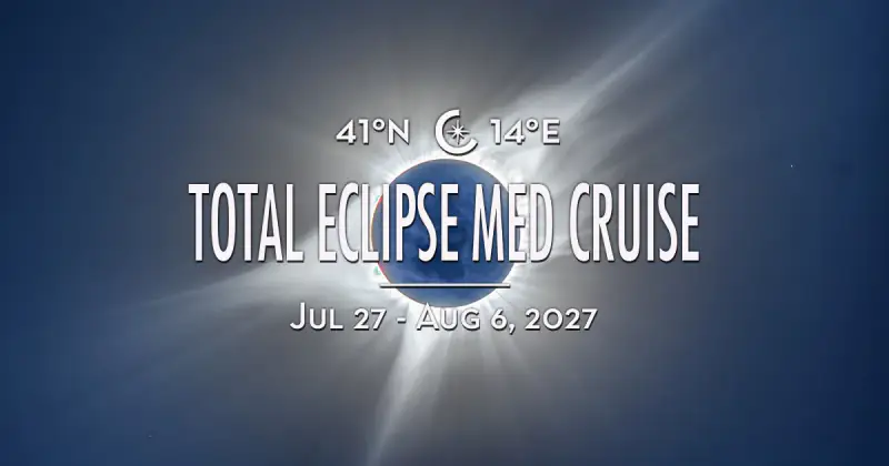 A dark total eclipse graphic announces a Mediterranean cruise.