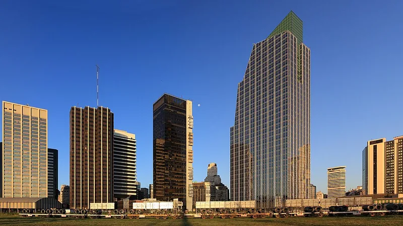 Buenos Aires skyline and waterfront beneath a blue sky