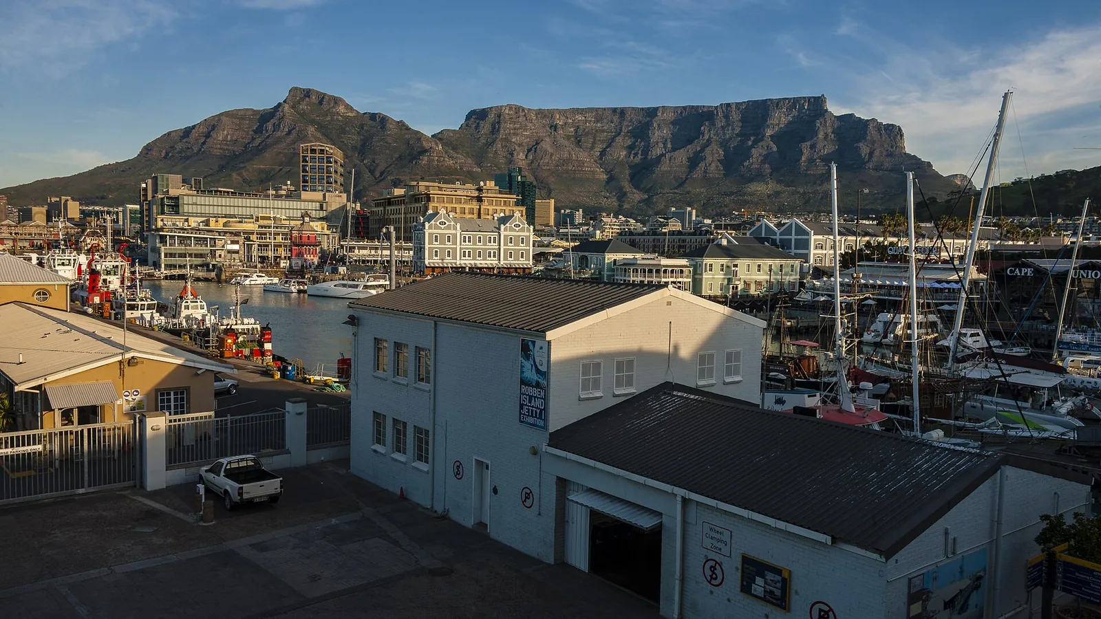 Table Mountain and waterfront buildings seen from Victoria Wharf in Cape Town in 2018; not a current cruise berth map