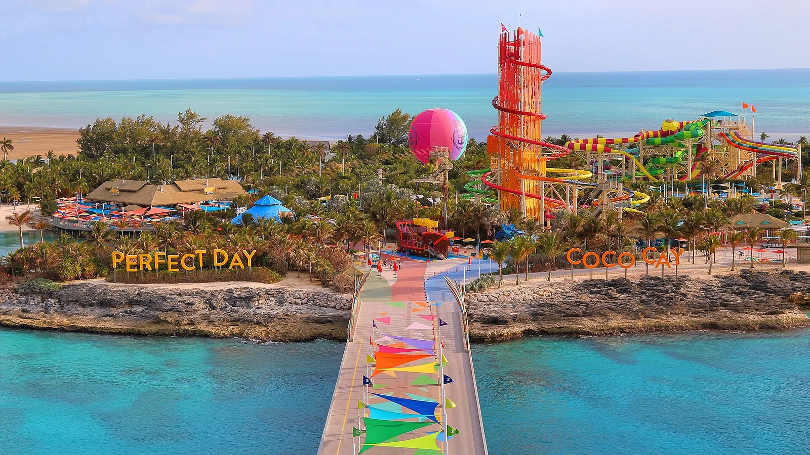 CocoCay beaches, pools, and turquoise water beneath a clear sky