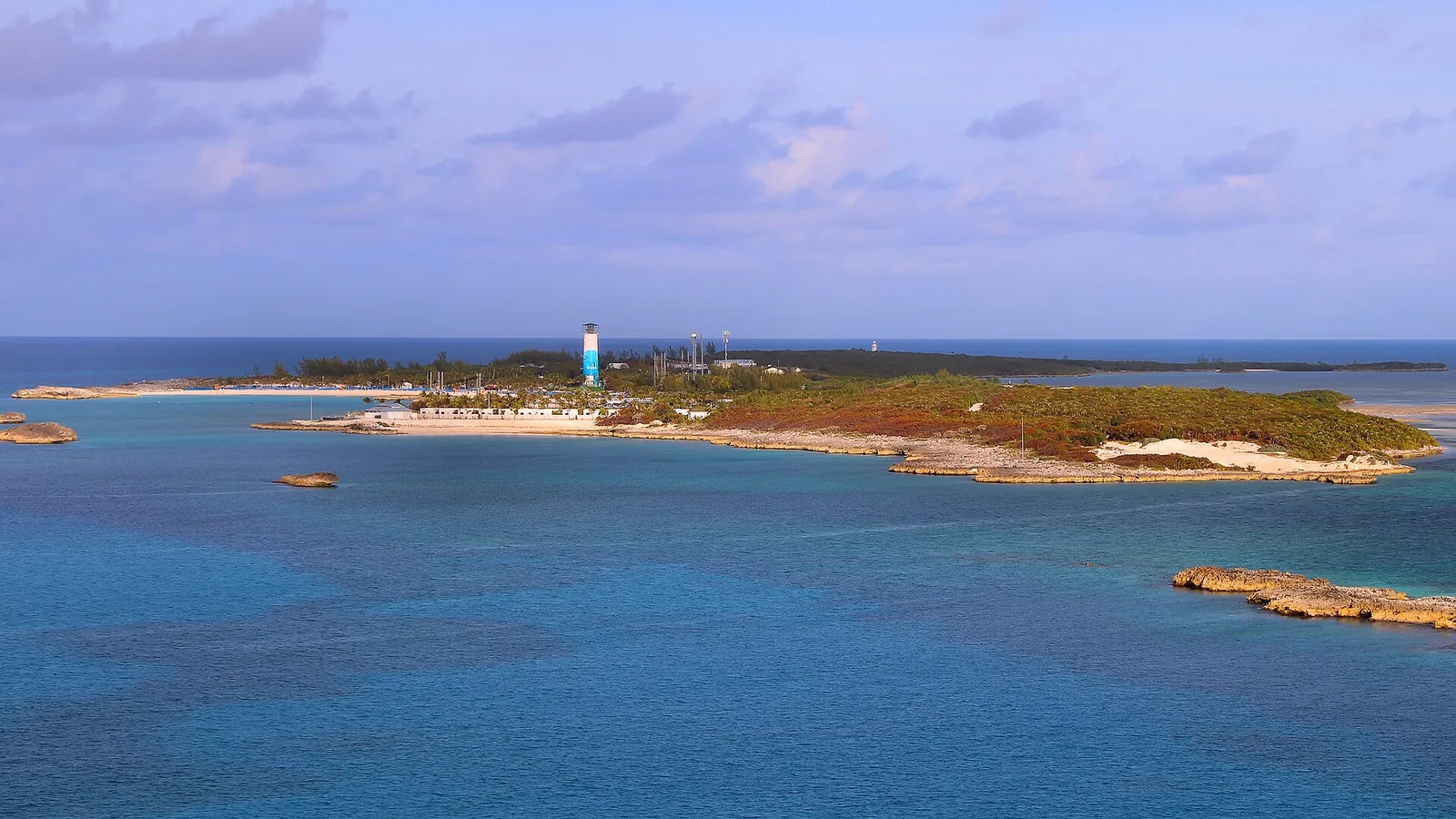 Great Stirrup Cay beach, turquoise water, and island facilities