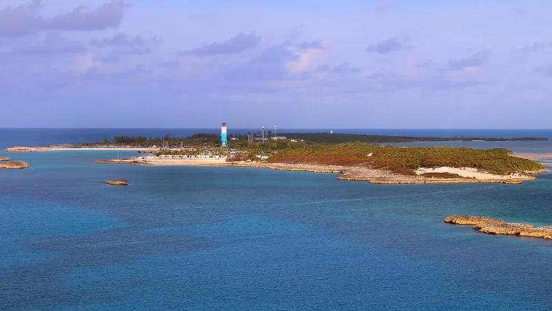 Great Stirrup Cay beach, turquoise water, and island facilities