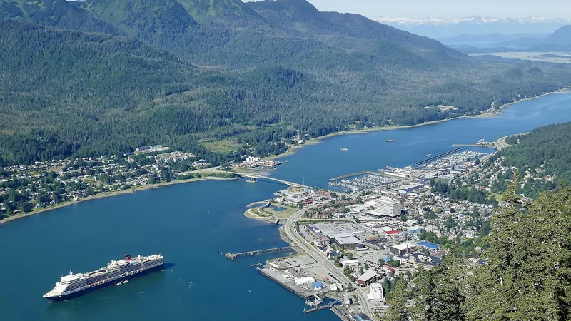 Juneau cruise harbor, waterfront, and forested mountains