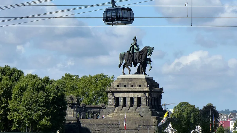 Cable car passes above Deutsches Eck at the Rhine and Moselle confluence