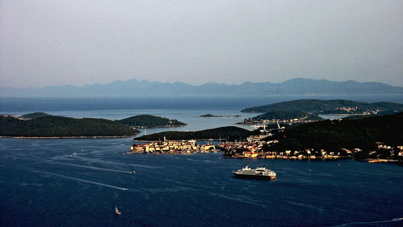Korčula's walled old town and harbor seen across the Adriatic