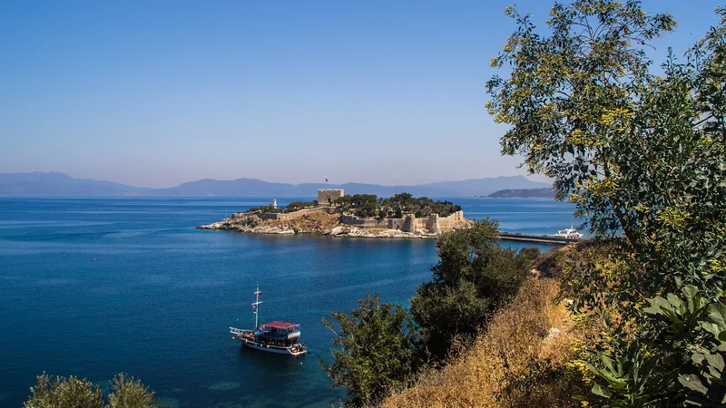 Pigeon Island and its stone causeway on the Kuşadası coast