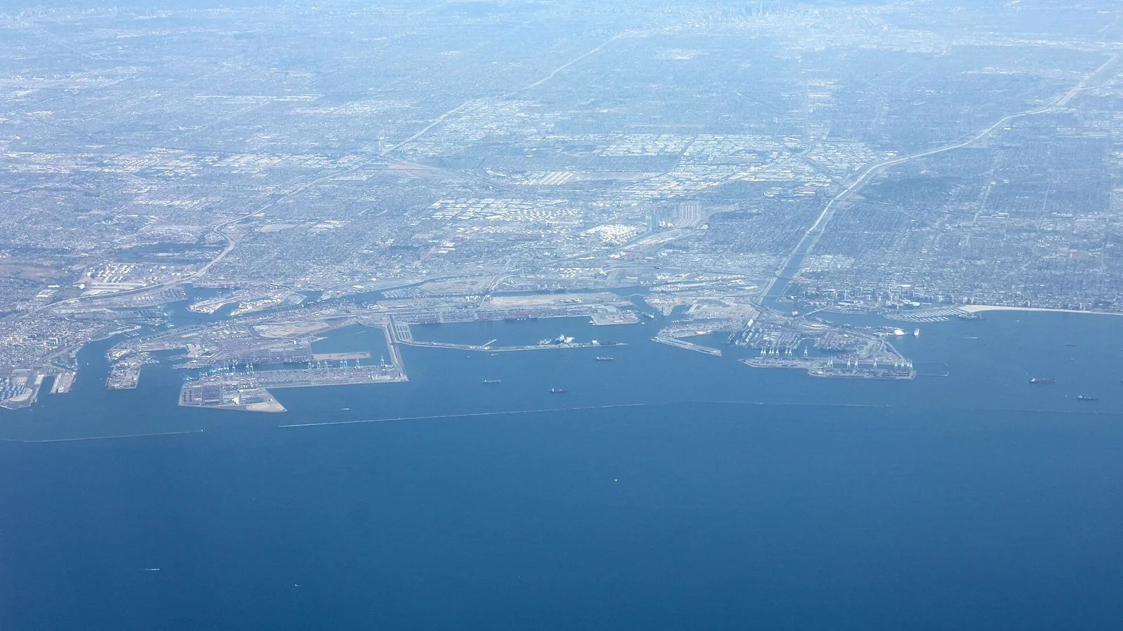 Aerial view of the Port of Los Angeles, harbor channels, and San Pedro