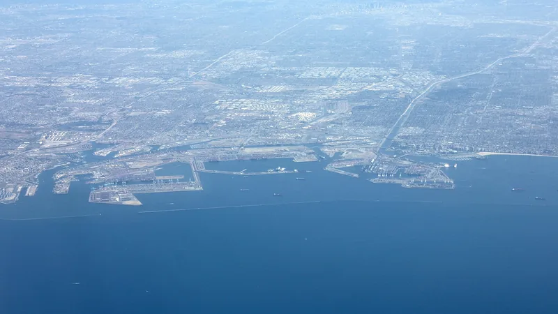 Aerial view of the Port of Los Angeles, harbor channels, and San Pedro