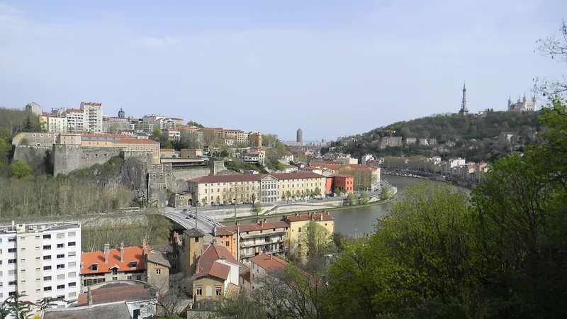 Lyon’s Saône river, bridges and buildings below Fourvière hill in a daytime city view