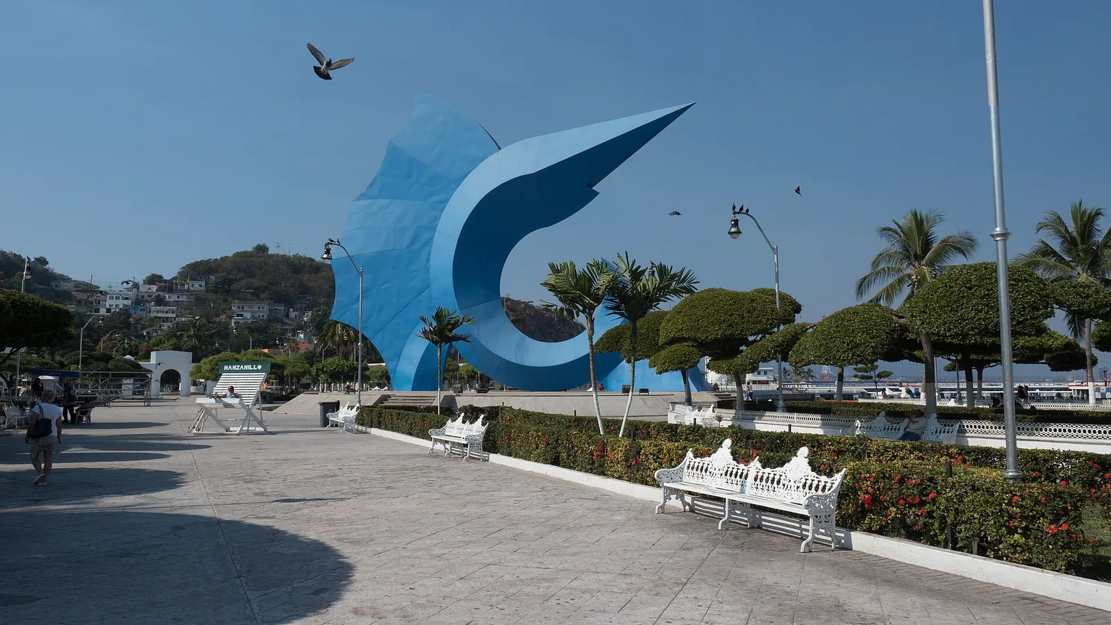 Manzanillo's giant blue sailfish sculpture on the harborfront