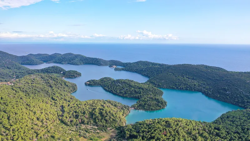 Aerial view of Mljet two forest-lined saltwater lakes