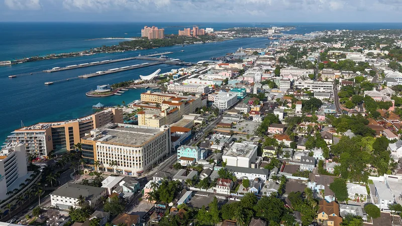Aerial view of Nassau harbor, downtown, and turquoise water