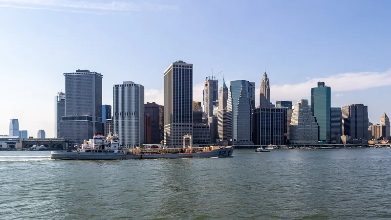 Lower Manhattan skyline across New York Harbor with a working vessel in the foreground