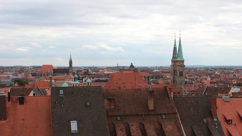 Nuremberg Old Town rooftops and church towers seen from the castle hill