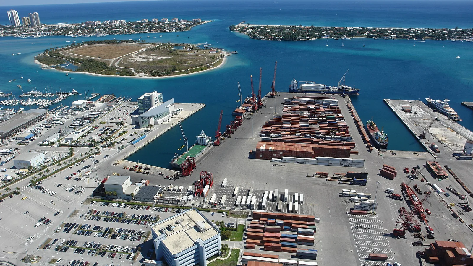 Aerial view of the Port of Palm Beach, Lake Worth Inlet, Peanut Island, and Atlantic Ocean