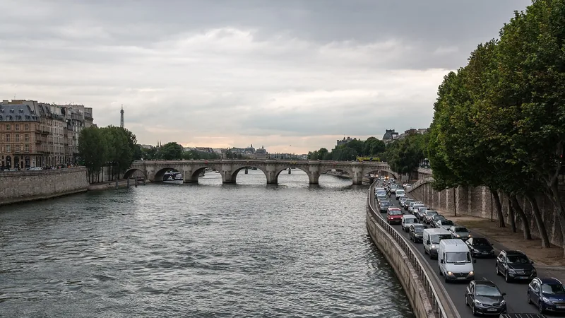The Seine flowing beneath Pont Neuf in Paris, with riverside buildings and trees in a historic photograph