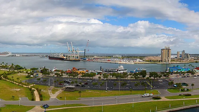 Panoramic view of Port Canaveral cruise terminals, ships, and waterways