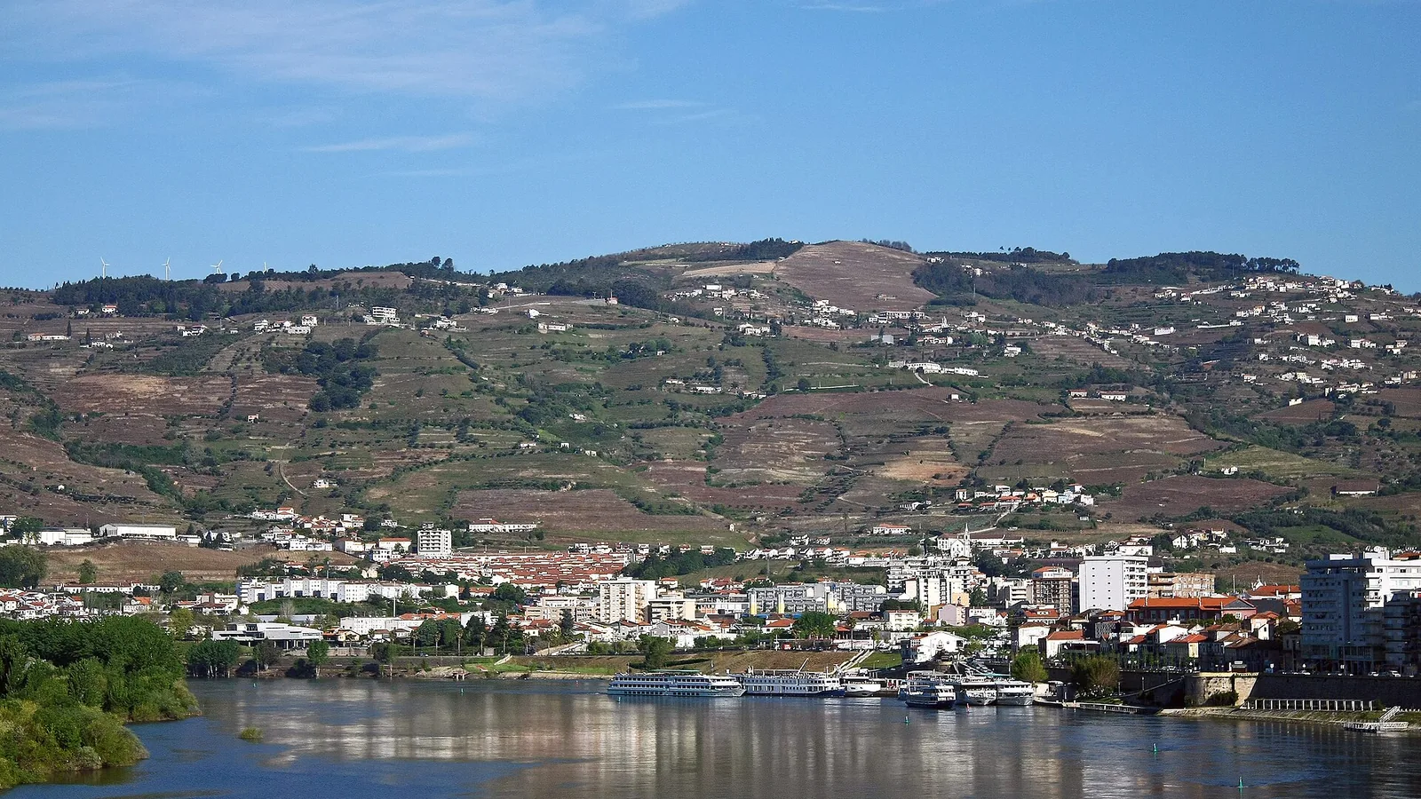 Peso da Régua’s town waterfront, river boats and hillside vineyards in a 2014 photograph; not a current berth assignment