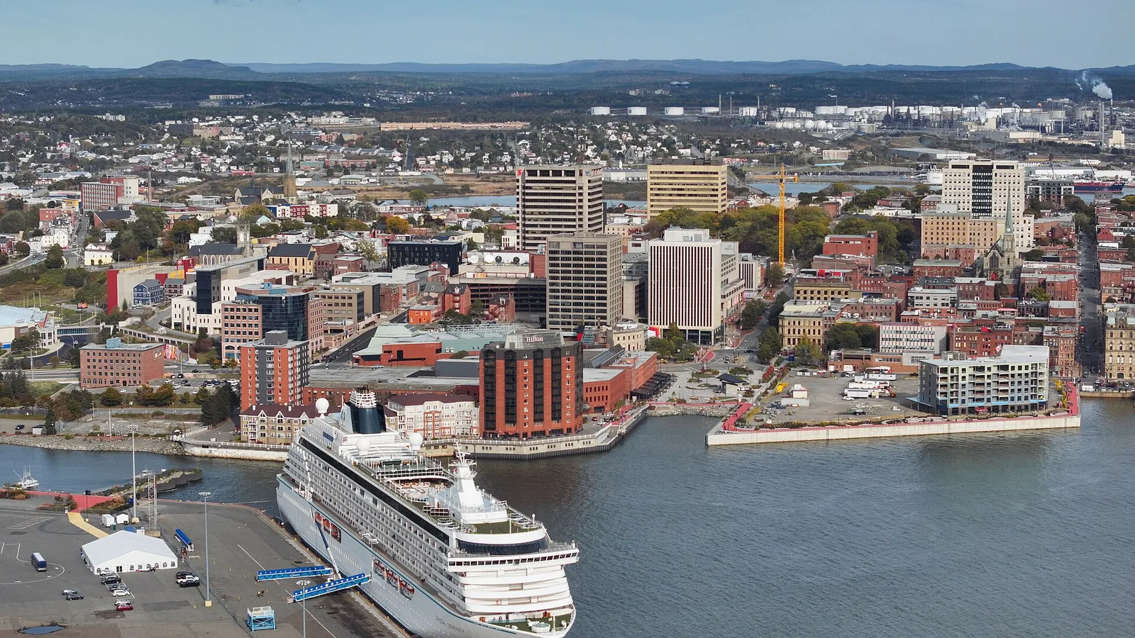 Aerial view of Saint John harbor, cruise terminal, and downtown
