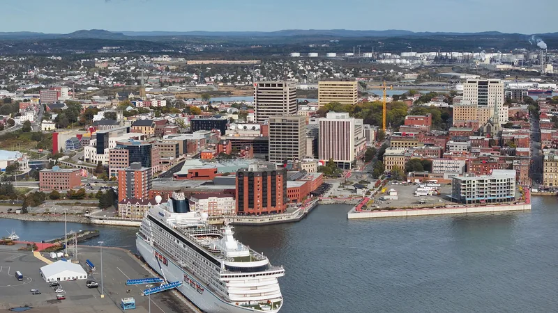 Aerial view of Saint John harbor, cruise terminal, and downtown
