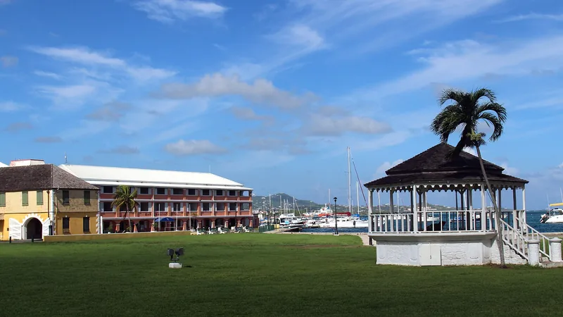 Christiansted waterfront lawn, gazebo, fort, and harbor