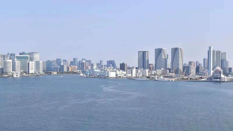 Tokyo Bay skyline, waterfront towers, and Rainbow Bridge