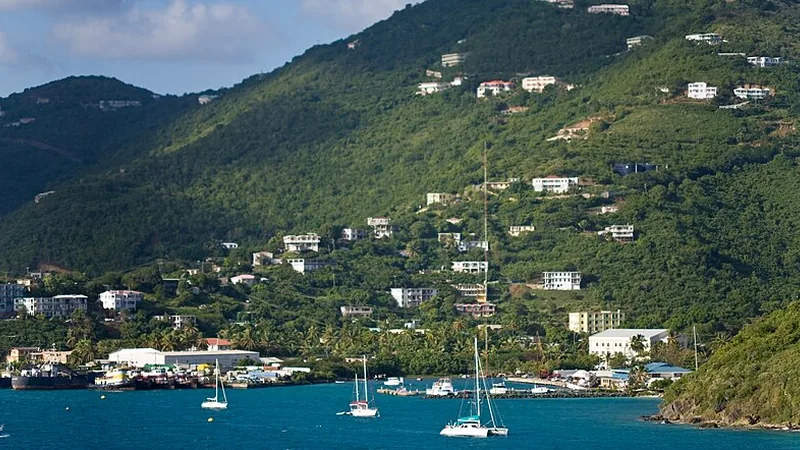 Road Town harbor, cruise ships, and green Tortola hills