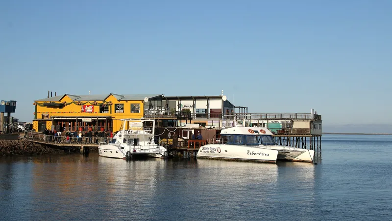 Excursion boats beside waterfront buildings in Walvis Bay, photographed in 2018; not a current cruise berth map