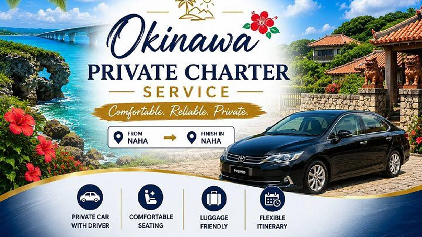 Okinawa Private Sedan Car Charter with Driver & Hotel Pickup excursion